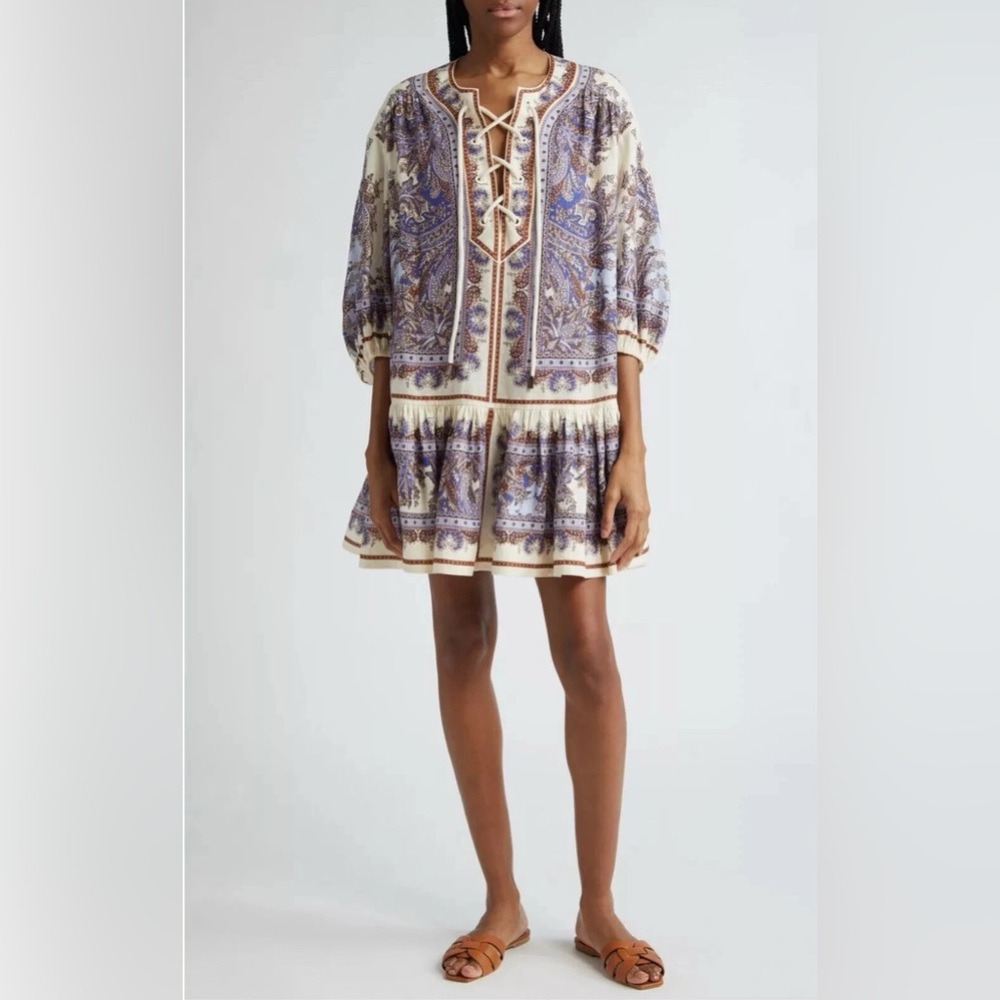 Zimmermann Cream and Purple Paisley Lace-Up Mini Dress
